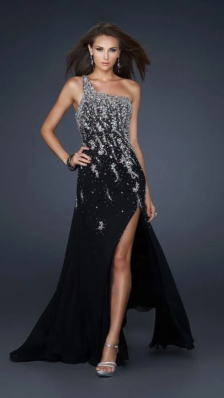 Custom Formal Dress TailorsLa Femme - Asymmetric Jeweled Sexy Open Back Gown 17706