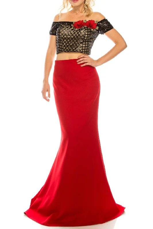 Formal Dress for Vintage ThemesOdrella - Two Piece Embellished Off-Shoulder Gown 4599SC