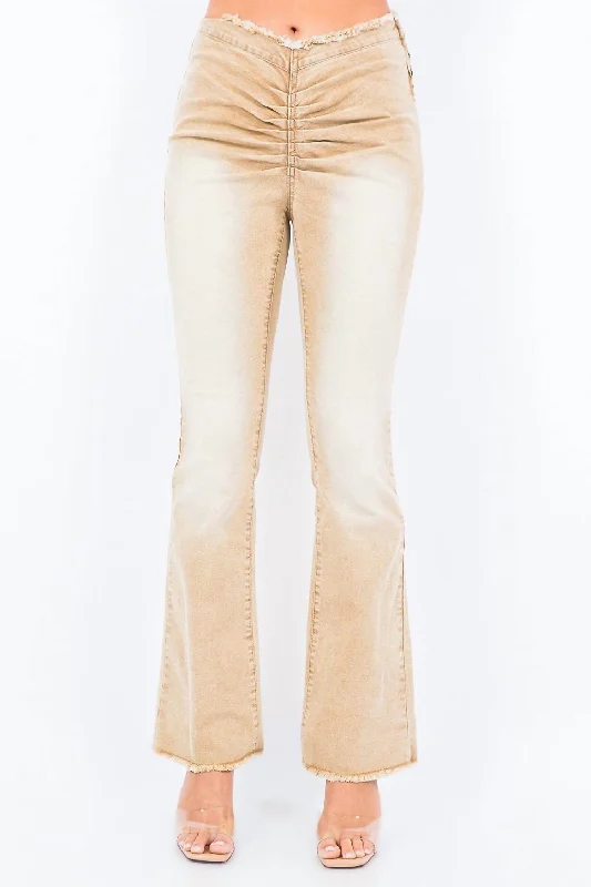 women's travel pantsV-Cut Ruched Mid Flare Pants In Tan