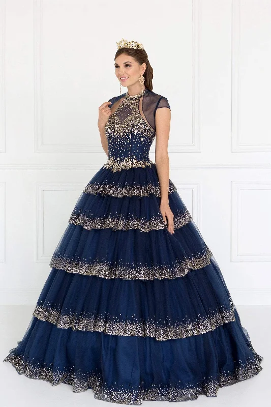 Formal Dress for Cultural ParadesElizabeth K GL1591- Embellished Halter Tiered Ballgown With Bolero