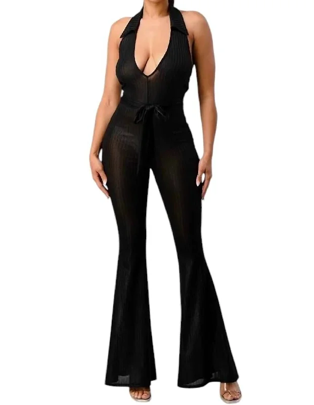 women's summer pantsLurex Rib Deep V-Line Disco Jumpsuit In Black