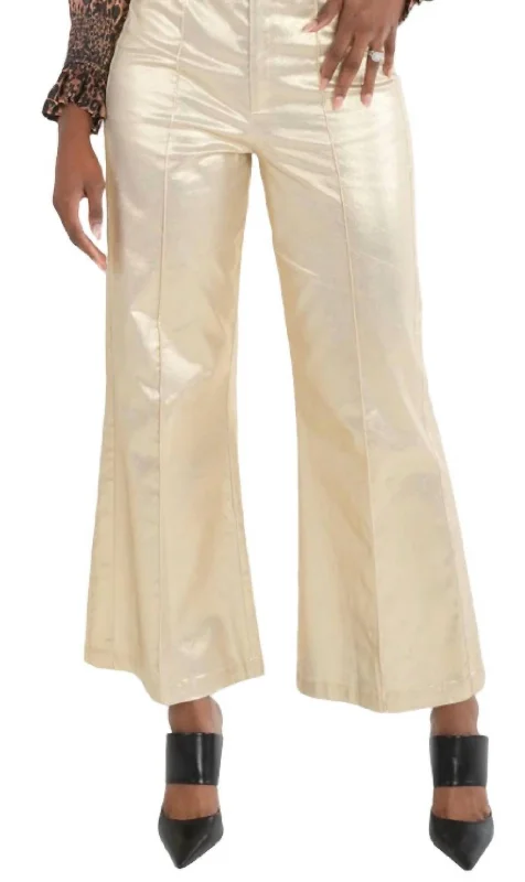 women's patterned pantsRuffle Flare Pant In Metallic Gold Cotton