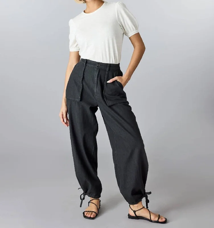 women's linen pantsPatch Pocket Tie Ankle Pants In Black