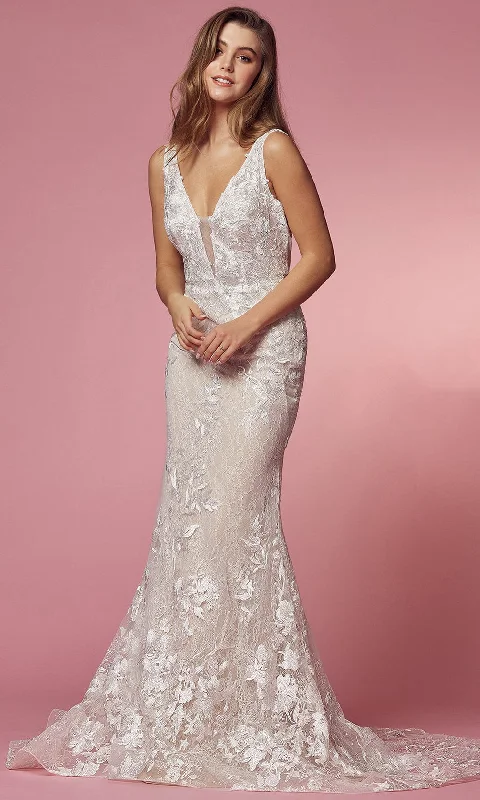 Formal Dress for Church WeddingsNox Anabel Bridal - JW908 Floral Lace V-Back Sheath Gown