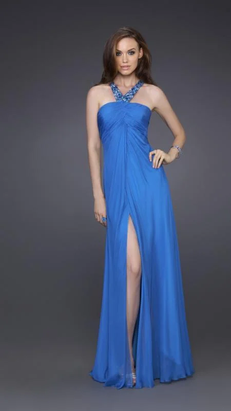 Formal Dress for Outdoor WeddingsLa Femme - Ornate V-strap Peaked Empire Gown 15245