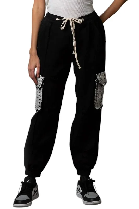 women's chiffon pantsJogger Denim Pants With Crochet Lace Pocket In Black