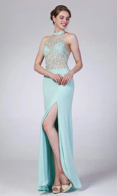 Formal Dress Trends 2023Cinderella Divine - 8741 Illusion High Halter Sheath Gown