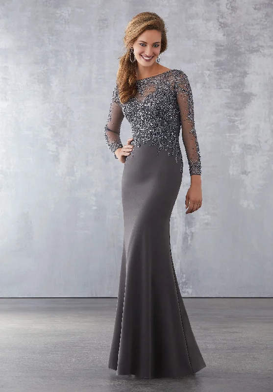 Formal Dress for Beach WeddingsMGNY By Mori Lee - Illusion Long Sleeve Beaded Bateau Gown 71716