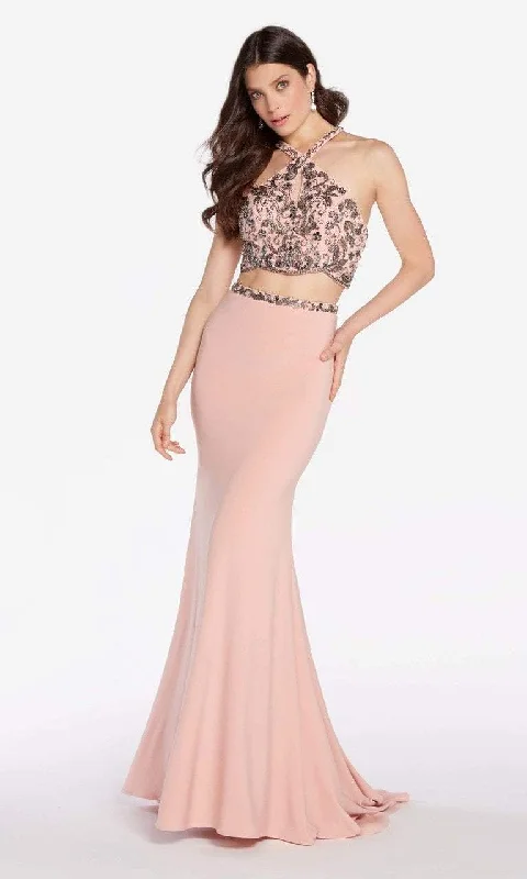 Affordable Formal Dress OptionsAlyce Paris 60018 - Beaded Cross Halter Croptop Two-Piece Gown