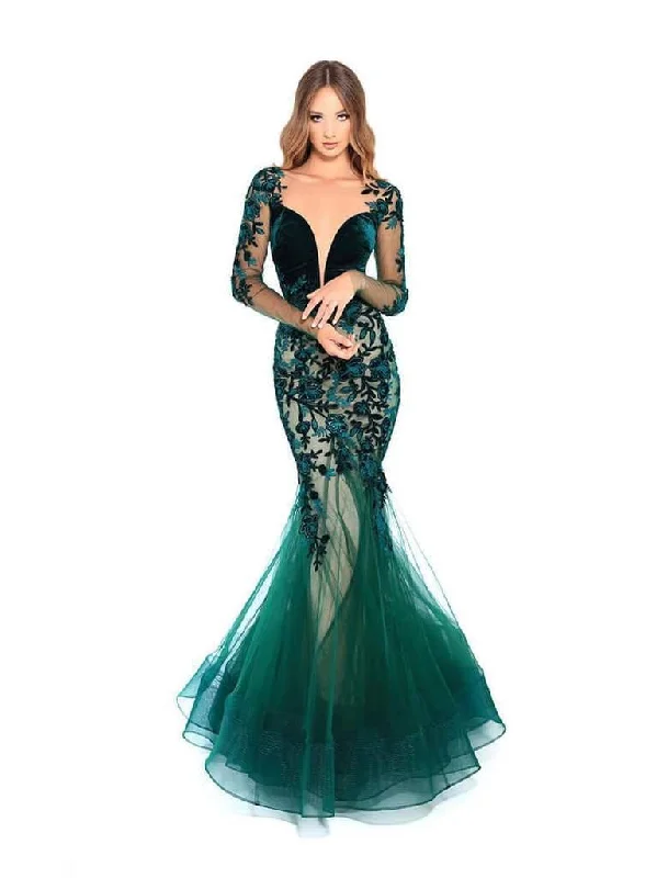 Formal Dress for Tennis TournamentsTarik Ediz - 93656 Plunging Neck Sheer Sleeve Floral Mermaid Gown