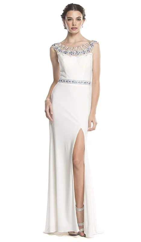 Formal Dress for Cultural ParadesAspeed Design L1606 - Embellished Bateau Column Slit Gown