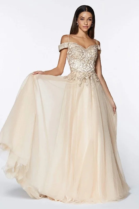 Formal Dress for Evening WeddingsCinderella Divine - KV1032 Beaded Off-Shoulder A-Line Gown