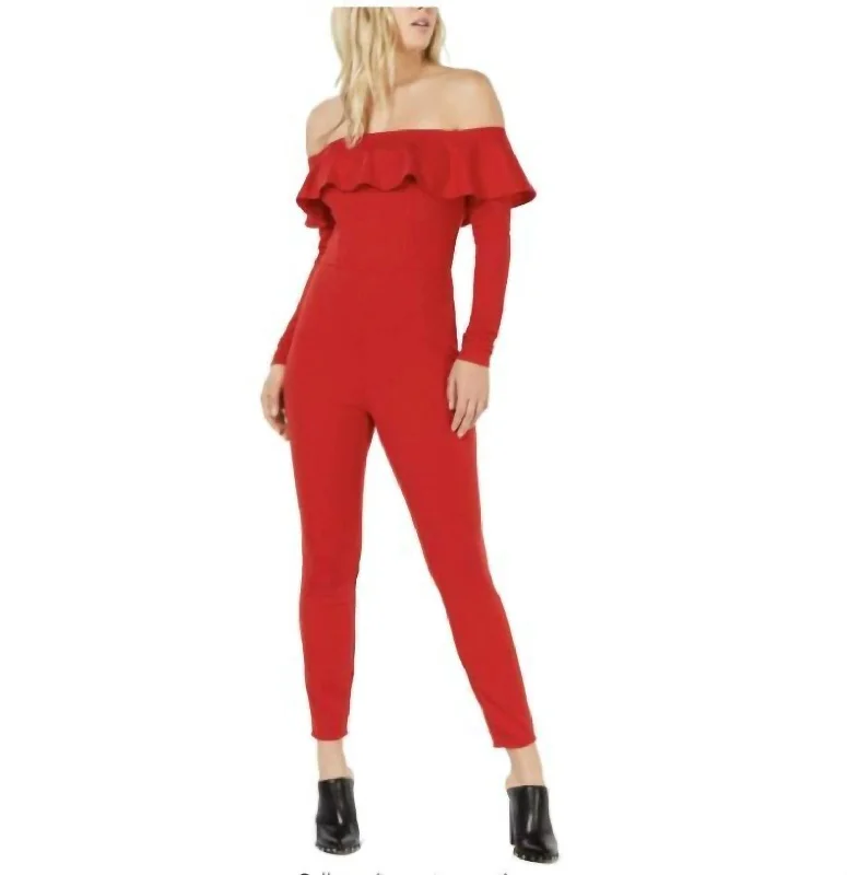 women's insulated pantsOff The Shoulder Ruffle Jumpsuit In Red