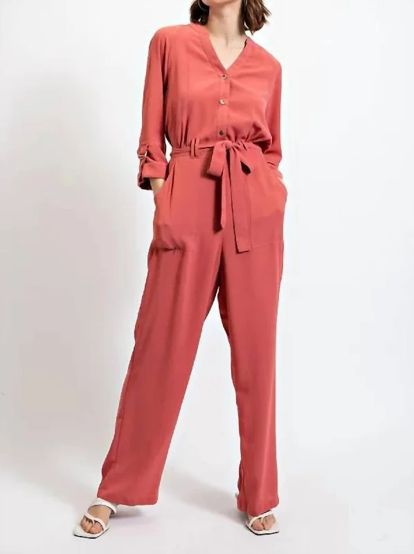 women's low-slung pantsRoll Sleeve Waist Tie Jumpsuit In Dark Rose