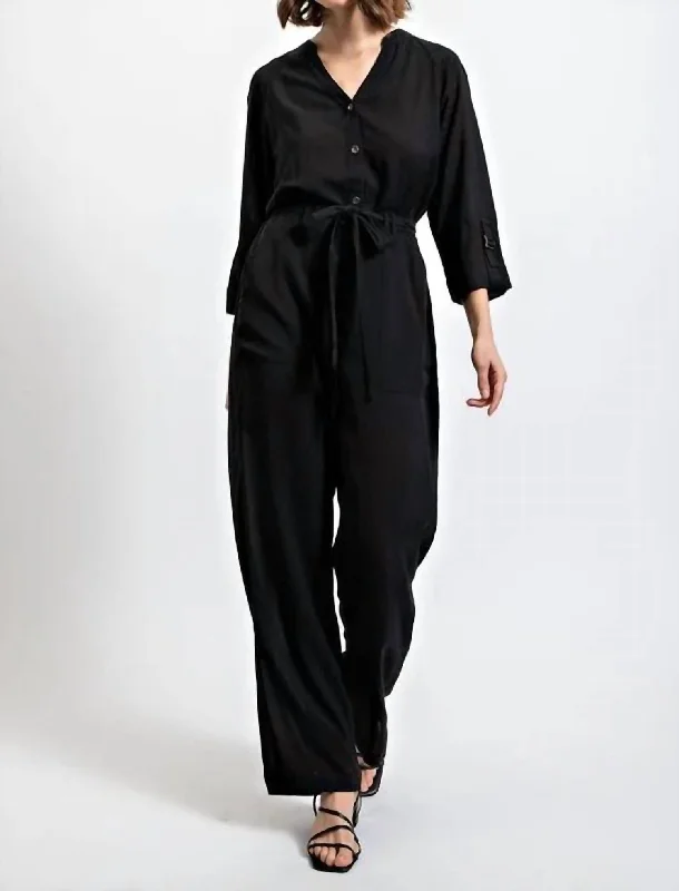 women's cashmere pantsRoll Sleeve Waist Tie Jumpsuit In Black