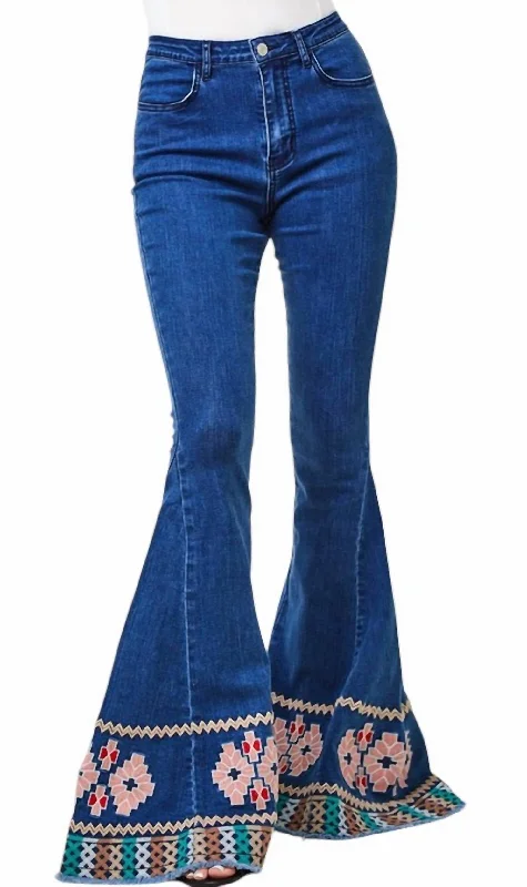 women's wide-leg pantsEmbroidered Denim Bell Bottom In Blue