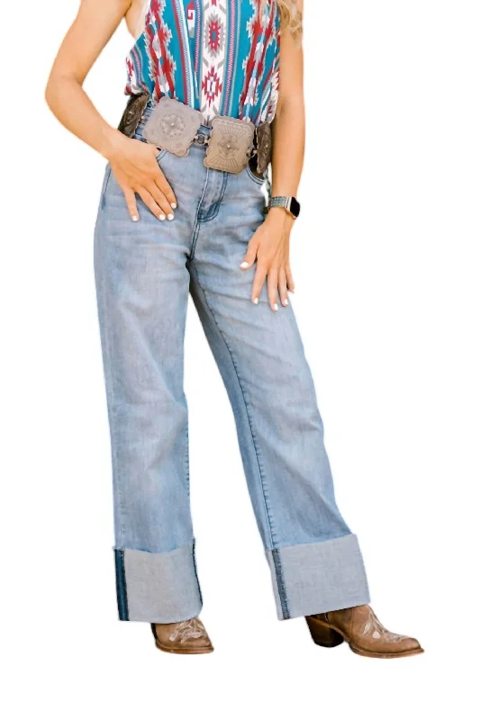 women's cotton pantsTammy Straight Leg Cuffed Ankle Jeans In Light Wash