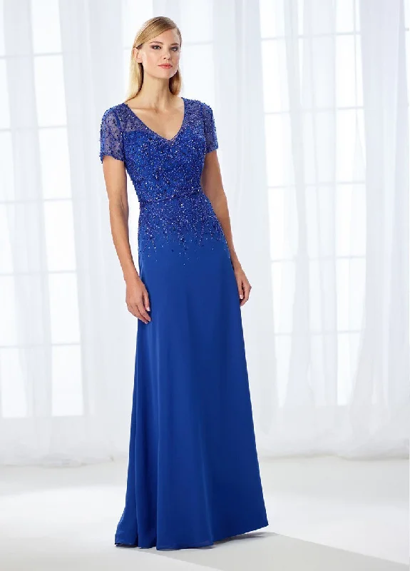 Formal Dress for Masquerade BallsCameron Blake - Short Sleeve Jewel Studded Chiffon Gown 118685