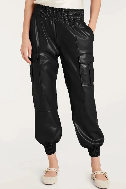 women's patterned pantsFaux Leather Cargo Jogger Pants In Black