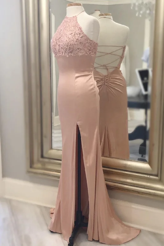 spaghetti-strap party dressesBlush Halter Mermaid Long Evening Dress