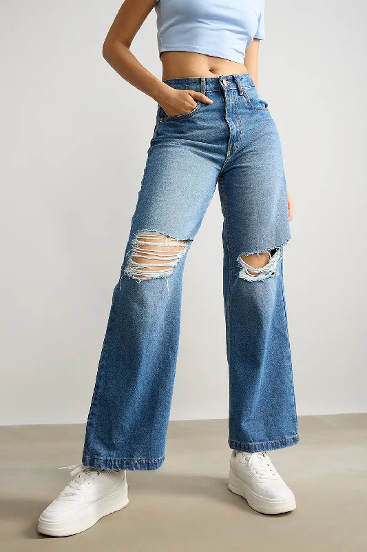 women's denim jeans for a comfortable fitBlue Wide Leg Ripped Jeans