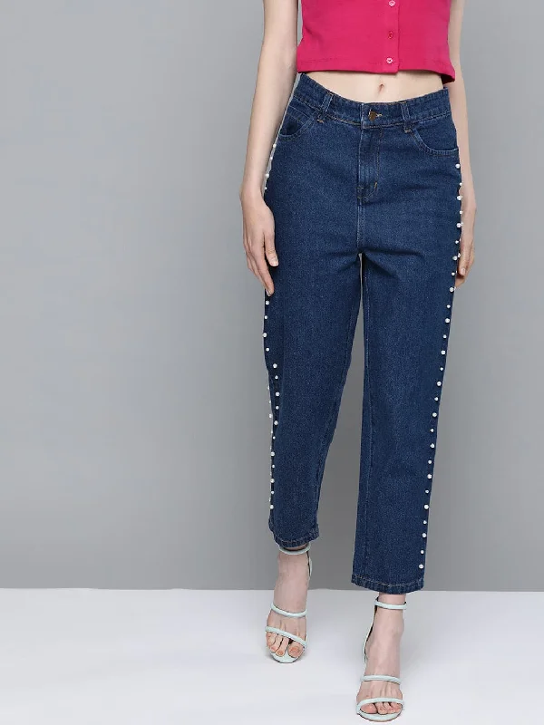 women's denim jeans with geometric patternsNavy Side Pearl Detail Slouchy Jeans