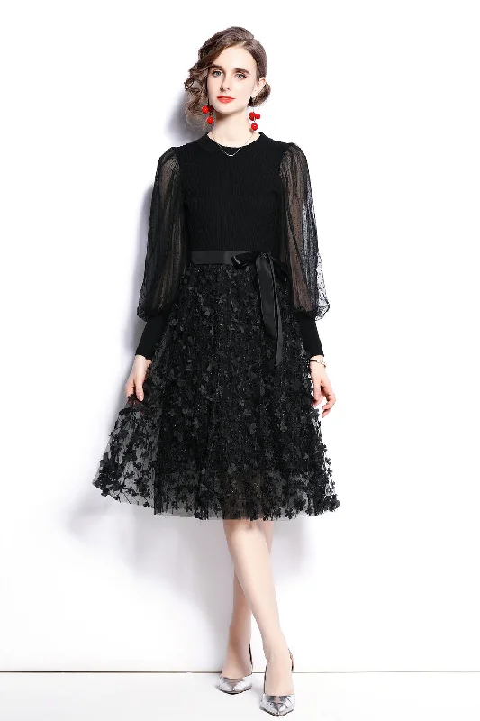 maxi party dressesBlack Cocktail & Party A-line Crewneck Long Sleeve Below Knee Dress