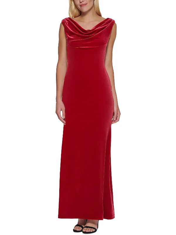 lace-up party dressesPetites Womens Velvet Cowl Neck Evening Dress