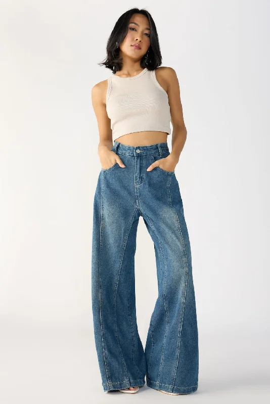 women's denim jeans with embroideryNavy Blue Denim Flared Korean Pants