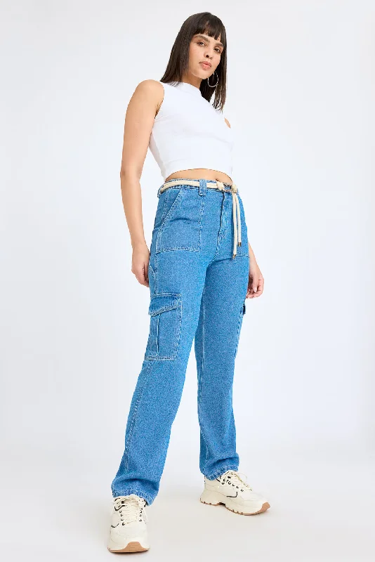 women's denim jeans for autumnMid Blue Carpenter Cargo Jeans