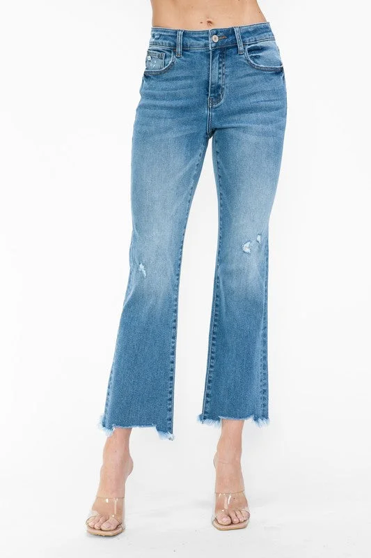 women's denim jeans for travelbytos Raw Hem Distressed Mid Rise Crop Jeans