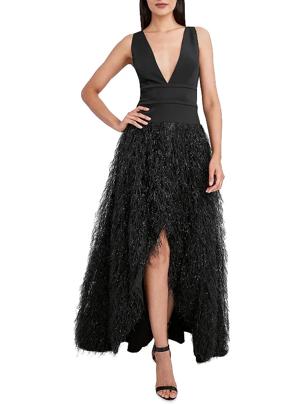 body-skimming party dressesWomens Feathers Hi-Low Evening Dress