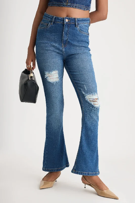 women's denim jeans with fake pocketsClassic Blue Distress Bootcut Jeans