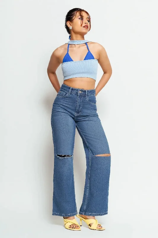 women's denim jeans for a chic appearanceKnee Slit Wide Leg Jeans