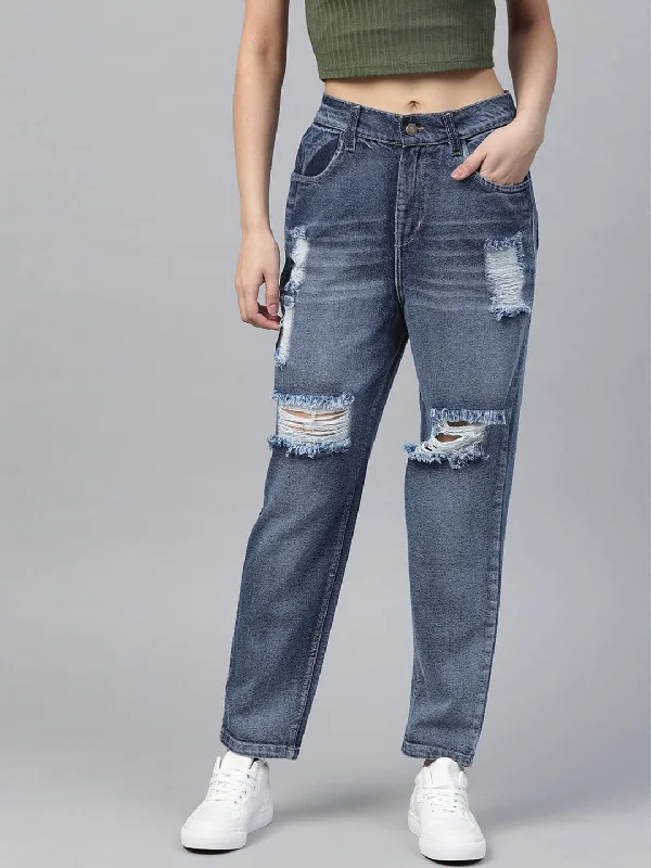 women's denim jeans for a cozy weekendBlue High Waist Distressed Knee Jeans