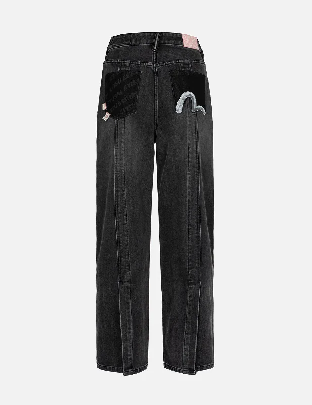 women's denim jeans with distressed back pocketsSeagull Embroidery with Logo-pattern Pocket Wide-leg Denim Jeans