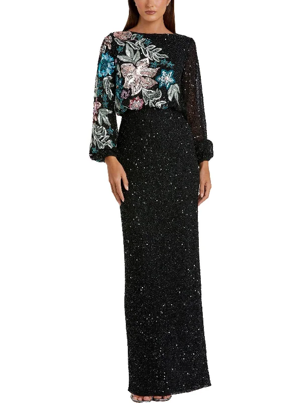 halter-neck party dressesWomens Embellised Blouson Evening Dress