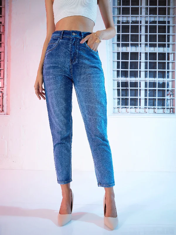 women's denim jeans with fake pocketsBlue High Waist Basic Jeans