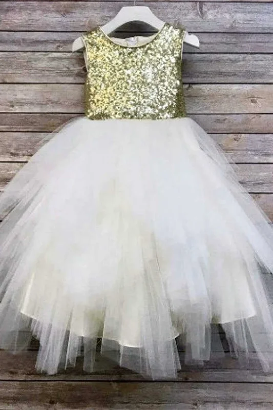 breathable party dressesGold & White Sequins Tutu Girl Party Dress