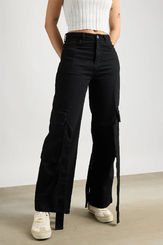 women's denim jeans with belt loopsSmoky Black Cargo Jeans