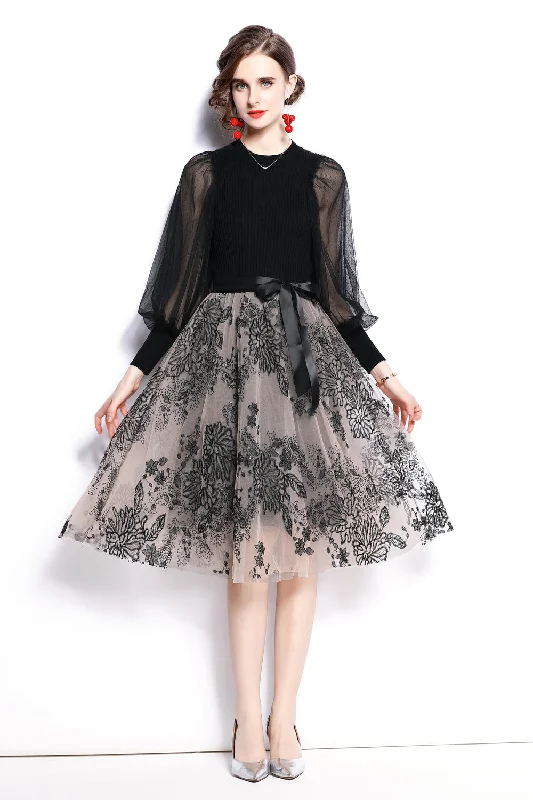 sequined party dressesBlack Cocktail & Party A-line Crewneck Long Sleeve Below Knee Printed Knee Dress with Belt