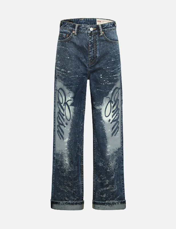 women's denim jeans with raw hemsSeagull Embroidery and Laser-burned Wide-leg Jeans