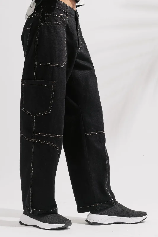 women's denim jeans for everyday wearBlack Contrast Seam Men's Cargo Jeans