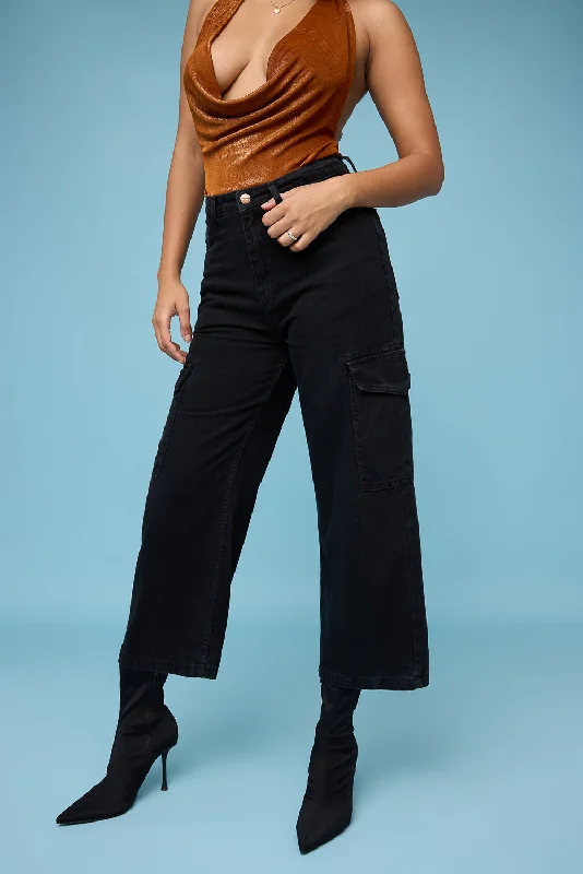 women's cropped denim jeansBlack Wide Leg Cargo Jeans