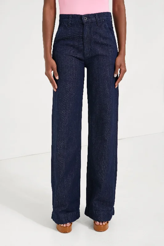 women's denim jeans with floral embroideryIndigo Linen Denim Trouser