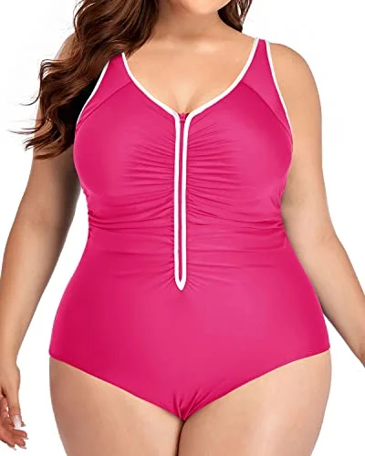 Plus Size Ruched Tummy Control Zipper Swimsuits-Neon Pink