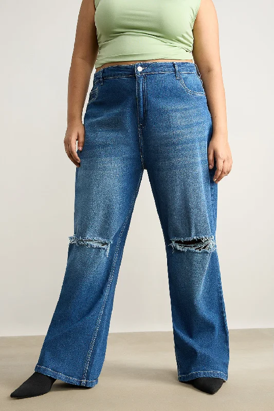 women's denim jeans with embroideryWide Fit Distressed Blue Stone Jeans