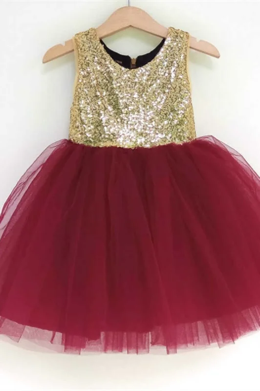 comfortable party dressesGold & Burgundy Sequins Girl Party Dress