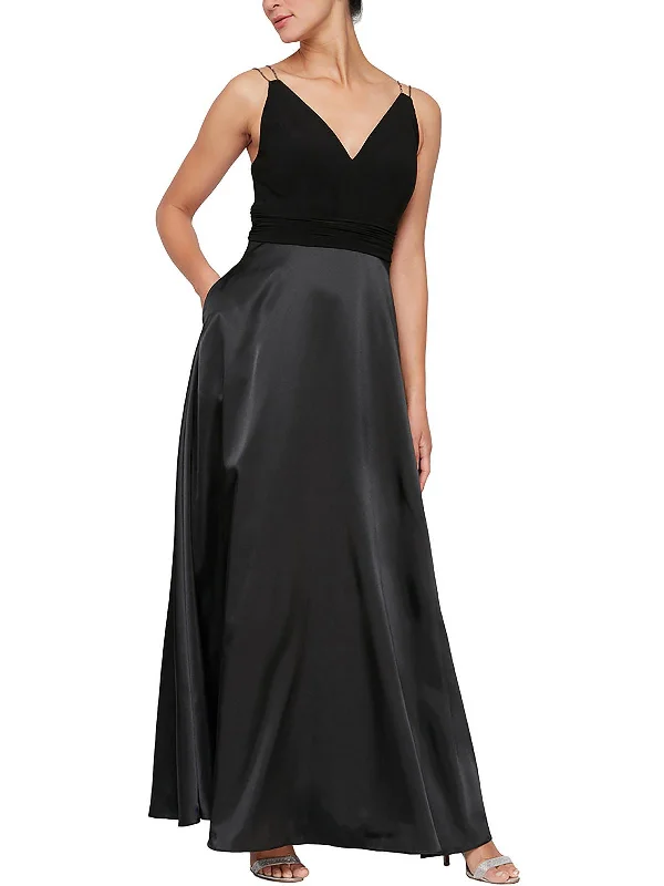 stretchy party dressesWomens Satin Jeweled Straps Evening Dress