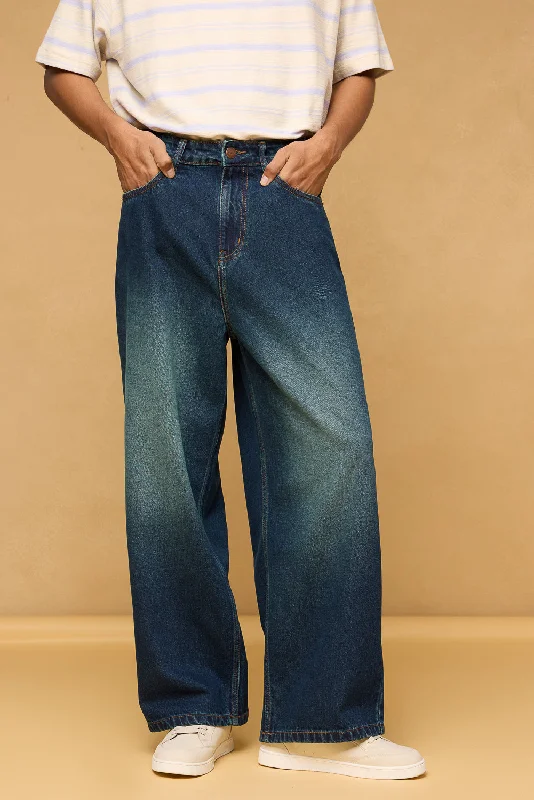 women's denim jeans with elastic waistbandsSea Blue Men's Wide Leg Jeans